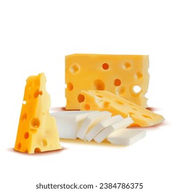 Cheese mesh. Fresh, nutritious, tasty solid cheeses. Vector illustration. Cheese brie in mesh technique.