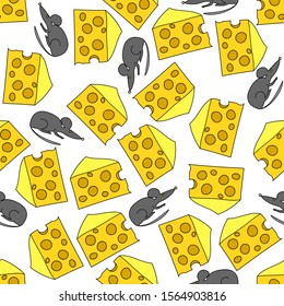 Cheese with mice. Seamless pattern with transparent background. Vector graphics.