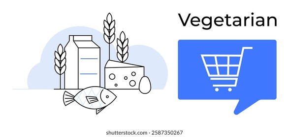 Cheese, milk carton, grains, fish, and egg accompanied by a shopping cart icon labeled Vegetarian. Ideal for dietary education, nutrition guide, food blogs, marketing materials, menu design, grocery