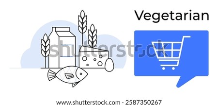 Cheese, milk carton, grains, fish, and egg accompanied by a shopping cart icon labeled Vegetarian. Ideal for dietary education, nutrition guide, food blogs, marketing materials, menu design, grocery