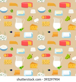 Cheese milk dairy grapes pattern seamless background vector texture abstract. Mozzarella dorblu blue cheese elemental sheep goat parmesan mint. Patterns collection.