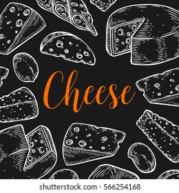 Cheese milk organic vector hand drawn template packaging food, label, banner, poster, identity, branding. Stylish design with sketch illustration of cheese. Local organic food shop.