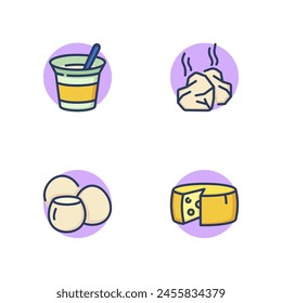 Cheese and milk products line icon set. Freshly made cheese heads, yogurt, jar with spoon, yellow round cheese, mozzarella. Dairy products concept. Vector illustration for web design app