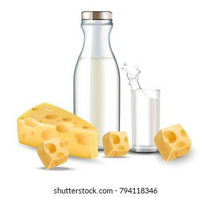Cheese and milk realistic Vector. Detailed diary meal organic product