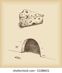 Cheese And Mouse Hole -drawing Vector