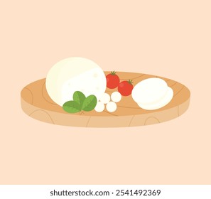 Queijo Mozzarella com tomates e manjericão. Queijo em placa de madeira. Queijo italiano gourmet. Ilustração vetorial.