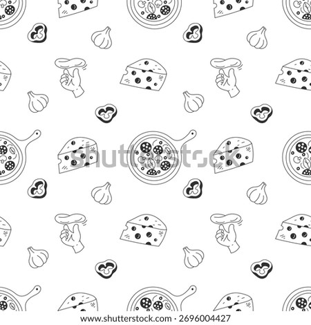 Cheese and mushroom pizza seamless pattern for packaging and wrap