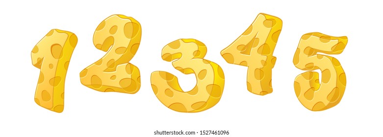 Cheese numbers part 1. Hand drawn numbers with cheese texture on white background. Vector set