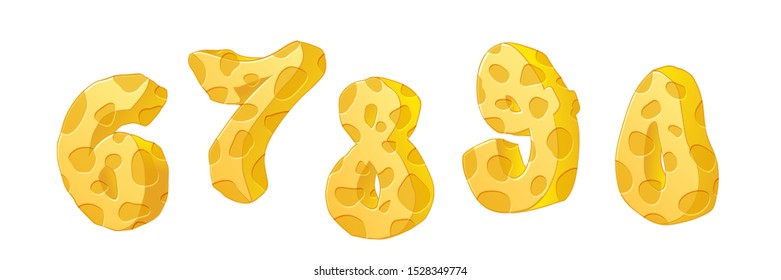 Cheese numbers part 1. Hand drawn numbers with cheese texture on white background. Vector set