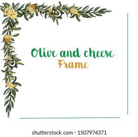 Cheese and olive branches vector corner ornamental frame isolated on white. Different cheese slices and olive leaves. Food design. 