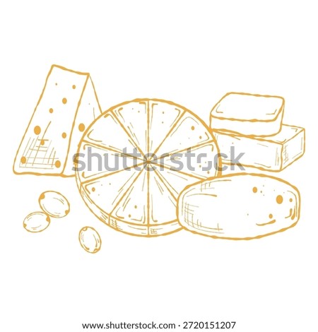 Cheese and Olive Composition, Gourmet Food Illustration. Olive and Cheese Sketch, Charcuterie Art for Labels. Gourmet Still Life, Cheese, Olive Illustration