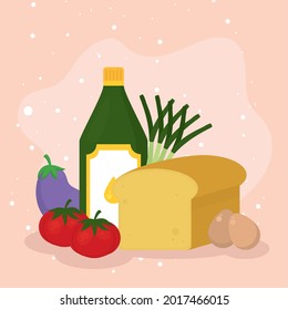 cheese olive oil bottle and food icon set on orange background