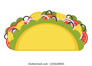 Cheese and olives mexican fastfood taco in flat style. Perfect for tee, stickers, menu and stationery. Isolated vector illustration for decor and design. 



