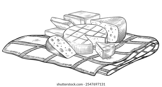 Queso en Ilustración vectorial de mantel a cuadros. Dibujo lineal de productos lácteos pintados con tintas negras. Esquema de grabado de alimentos para receta en libro de cocina o menú. Grabado de Antiguas.