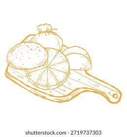 Queso en la tabla de cortar, sirviendo ilustración. Charcutería a bordo, arte de plato de queso. Tablero con queso, boceto de menú