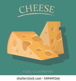 Cheese on the green background flat style realistic vector illustration.