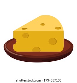 Cheese On Wooden Plate. Cheese On White Background. Cheese Piece Flat Icon. Vector Illustration.