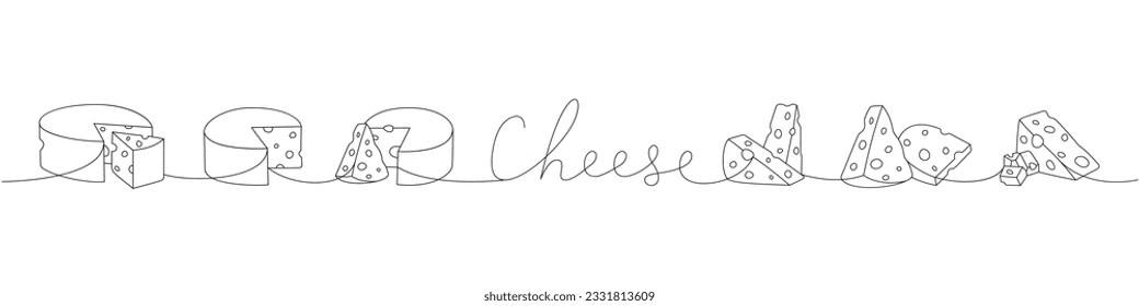 Cheese one line continuous drawing. Cheese products continuous one line illustration. Vector minimalist linear illustration.