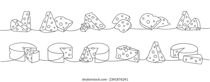 Cheese one line continuous drawing. Different types of cheese continuous one line illustration. Vector minimalist linear illustration.