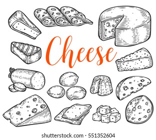 Cheese organic milk butter fresh food vector hand drawn illustration set, menu label, banner poster identity, branding. Stylish design with sketch illustration of Cheese variations cuisine sketch.