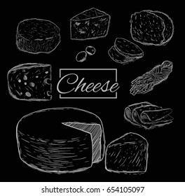 Cheese organic milk butter fresh food vector hand drawn illustration set. Vector set of realistic outline dairy products. Isolated curds collection used for logo design, recipe book,