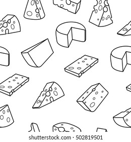 Cheese outline. Cheese pattern including seamless on white background. Hand drawn cheese vector. Cheese with clipping path. Cheese sketch.