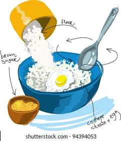 Cheese pancake. I'm kneading the ingredients for cheese pancake in the big bowl. This is the first step to prepare cheese pancakes. The vector image.