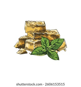 Cheese parts sketch. Parmesan brick pieces with basil leaves. Milk yellow food production. Hand drawn vector color illustration of healthy snack, recipe ingredient, menu decoration isolated