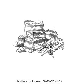 Cheese parts sketch. Parmesan brick pieces with basil leaves. Milk food production. Hand drawn vector engraved illustration of healthy snack, recipe ingredient, menu decoration isolated