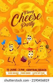 Cheese party flyer, cartoon maasdam and gouda cheese characters. Vector invitation poster with funny dairy food personages with books, microphone, headset and fan glove. Live music party
