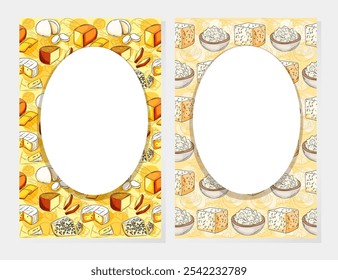 Cheese pattern frames with oval cutouts for a variety of cheeses. Ideal for culinary promotions, food packaging, or restaurant branding. Greetings card design, blank cheese frame.