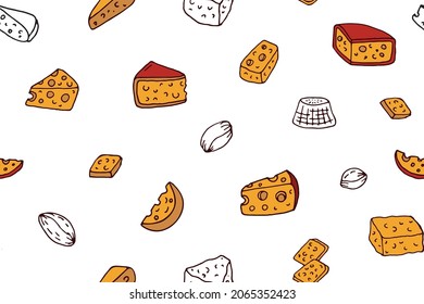 cheese pattern. pieces cheese,isolated on a white background. pieces of cheese of various shapes. color cheese mix seamless background with hand drawn different cheese. isolated collection cheesemaker