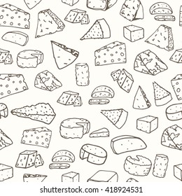 Cheese pattern. Seamless background with hand drawn different cheese. Vector illustration