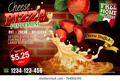 Pizza de queijo pepperoni com queijo recheado e coberturas voadoras isoladas na parede de tijolos vermelhos e mesa de madeira, ilustração 3D