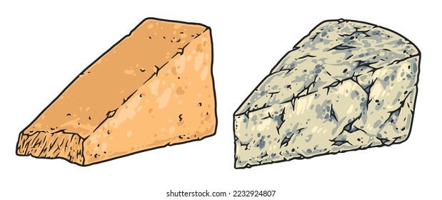 Cheese piece colorful set elements with two triangle of delicacy with bite marks or covered with blue mold vector illustration