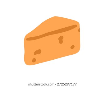 Pedaço de queijo, corte cunha. Pedaço triangular, fatia, produto láteo com buracos. Lanche clássico suíço e holandês, ingrediente culinário, ícone de comida. Ilustração de vetor plano isolada no plano de fundo branco