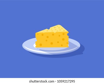 Cheese piece on a plate. Flat vector illustration.