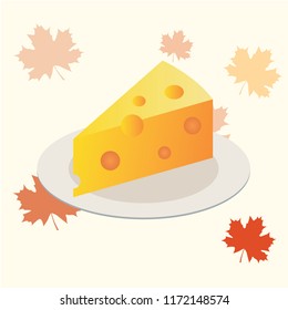 Cheese piece on a plate. flat icon