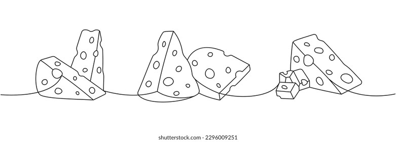 Cheese piece set one line continuous drawing. Different types of cheese continuous one line illustration. Vector minimalist linear illustration.