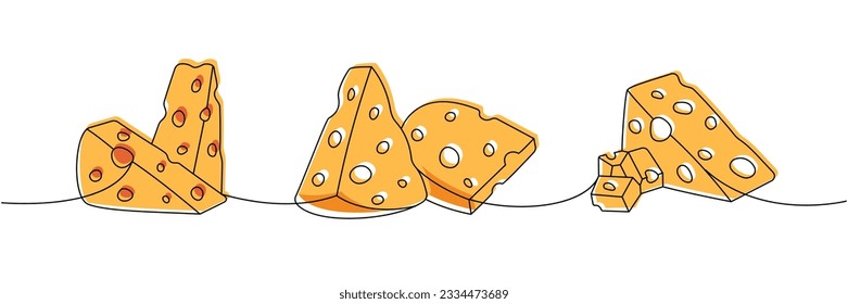 Cheese piece set one line colored continuous drawing. Different types of cheese continuous one line illustration. Vector linear illustration.