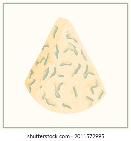 Cheese piece vector flat illustration. Brie or roquefortor soft fresh and tasty cheese cut into triangle. Delicious cheese product with blue mold for restaurant or dairy shop.