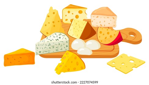 Cheese. Pieces of cheese lying on a cutting board.Vector illustration.