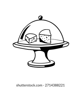 Trozos de queso en el soporte de la porción debajo de la tapa de cristal Ilustración vectorial dibujada a mano