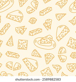 Cheese Pieces and Slices Food Seamless Pattern. Dairy product doodle background with falling plates and cubes yellow and orange colors. Repeat vector illustration