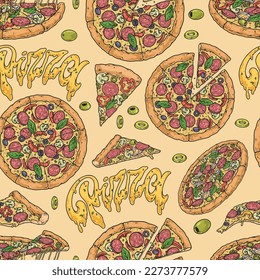 Cheese pizza colorful seamless pattern with delicious Italian pepperoni or salts for lunchtime snack or dinner vector illustration