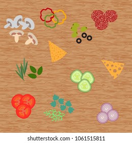 Cheese and pizza ingredients top view on wood background. Flat style vector illustration