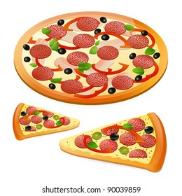 Cheese pizza / Pepperoni pizza. Isolated  round and slice pizza. Vector illustration on white background. EPS 10