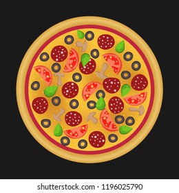 Cheese pizza with salami, tomato, mushrooms, olives. Flat icon isolated on black background. Vector illustration.