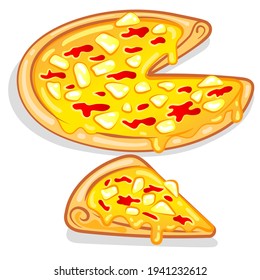 Käsepizza und ein Stück davon. Heißtrocknende Füllung. Vegetarisches Fastfood. Runder Snack mit knuspriger Kruste. Logo der Pizzeria. Vektorgrafik einzeln auf weißem Hintergrund. 