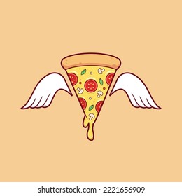 cheese pizza slice melting with wing illustration vector